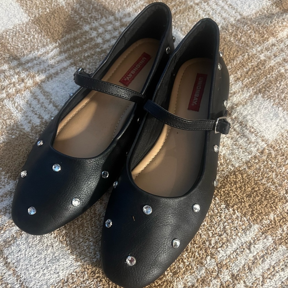 UNIONBAY Black Flats with Rhinestone Accents